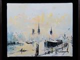 painting of a painting of a city with a clock tower in the background