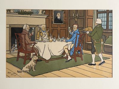 un tableau représentant une famille assise à table avec un chien