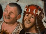 a painting of two men and a woman with hats on