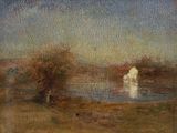 painting of a painting of a person standing in a field near a body of water