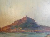 painting of a boat in the water with a mountain in the background