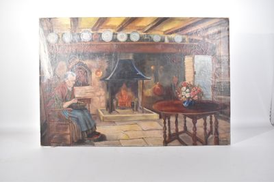un tableau représentant un homme et une femme assis devant une cheminée