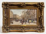 an image of a painting of a city street with people walking