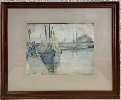 painting of a boat docked in a harbor with people walking on the dock