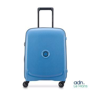 the blue suitcase is sitting on wheels and has a handle