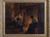 an oil painting of three people sitting around a fire in a room