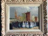 an oil painting of a group of people standing in front of a building