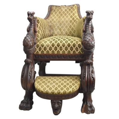 a wooden chair with a yellow upholstered seat