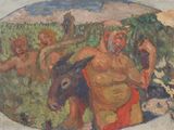 an image of a painting of a man with a donkey in a field