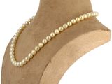 pearl necklace on a mannequin neck with a gold clasp