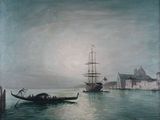 peinture d'un bateau sur un plan d'eau avec une ville en arrière-plan