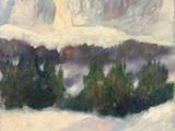 a painting of a snowy landscape with trees and mountains in the background