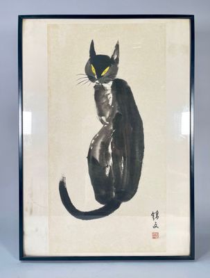tableau représentant un chat noir aux yeux jaunes, assis sur un rebord