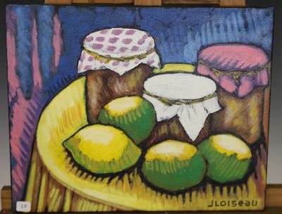 une peinture représentant une peinture de citrons et de bocaux posés sur une table