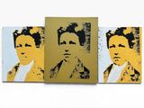 three paintings of a man and a woman on a white background