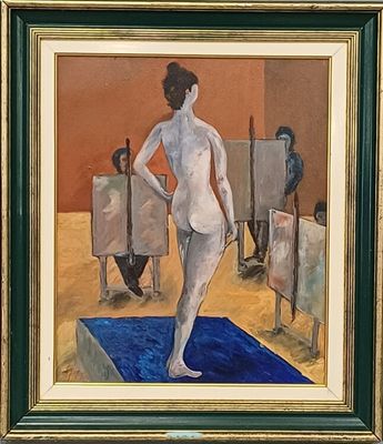 tableau représentant une femme debout sur un tapis bleu devant un groupe de personnes