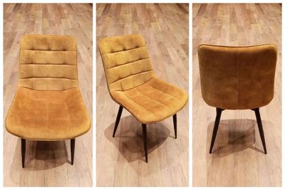 trois images différentes d'une chaise à structure en bois et d'une chaise jaune aux pieds noirs
