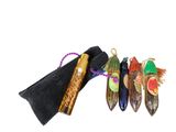 five different colored glass items in a black bag