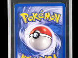 the pokemon card is in a clear plastic holder on a black background