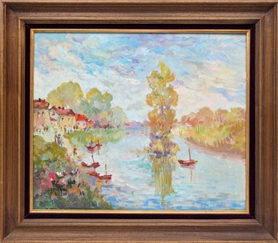 Thérèse LEEMANS-LE GUEN (XXe) "Bord de rivière animée"