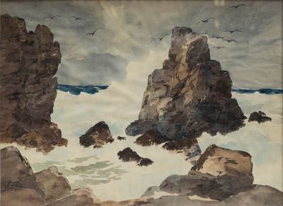 une aquarelle représentant des rochers et des mouettes sur la plage