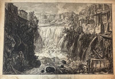 un vieux dessin représentant une cascade au cœur d'une ville