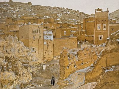 a painting of a man walking down a path in front of a village