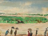 un tableau représentant un groupe de personnes avec des parapluies lors d'une course hippique