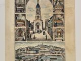 un vieux dessin représentant une vue d'une ville avec des bâtiments et une tour horloge