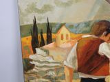a painting of a man standing in front of a house