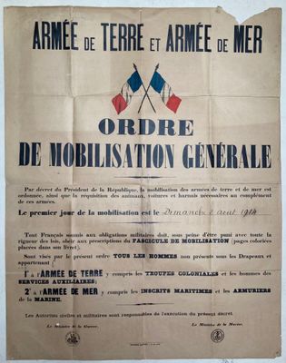 une vieille affiche française représentant un drapeau français et deux drapeaux croisés
