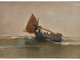 une peinture représentant un bateau sur l'eau, avec une voile
