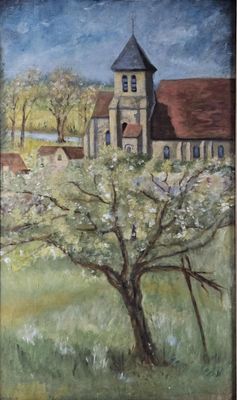 an oil painting of a church in a field with a tree in the foreground