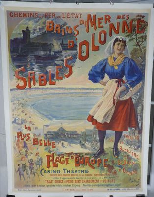 affiche représentant une femme en robe rouge debout au bord d'une rivière