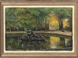une peinture à l'huile représentant un couple assis sur un rocher au bord d'un étang