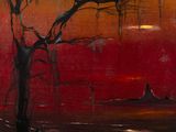 an oil painting of a tree in a field with a sunset in the background