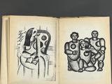 an open book with a drawing of a woman and two men