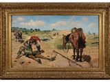 an oil painting of a man laying on the ground next to a horse and another man laying on the ground