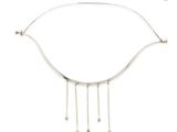 silver plated necklace with dangling beads on a white background