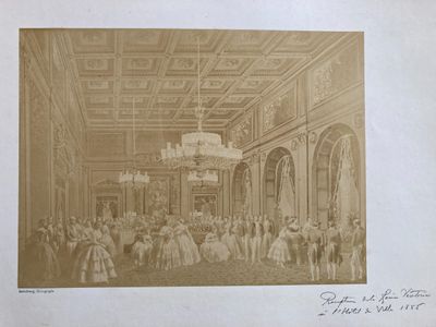 an old picture of a large room with a chandelier and a lot of people