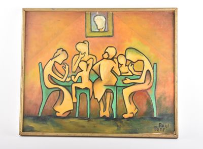tableau représentant un groupe de personnes assises à une table, avec une horloge en arrière-plan