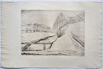 dessin au crayon représentant un paysage avec une montagne au loin