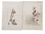 an old book with a drawing of a man and a dog on it