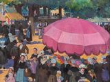 a painting of a crowd of people standing around a pink umbrella