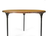 a wooden table with metal legs and a wooden top