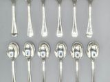 six spoons with the letters b and c are arranged in a row