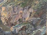 an oil painting of a mountain scene with rocks and trees
