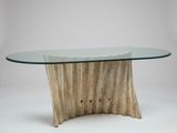 a glass table with a wooden base and a wooden base