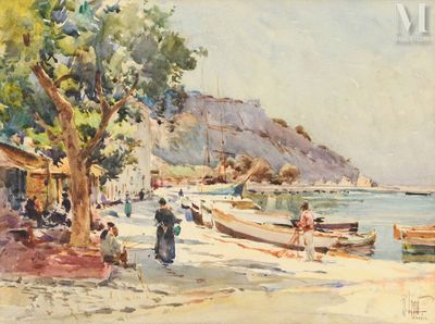 a painting of people on the beach by the water