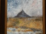 an oil painting of a landscape with a mountain in the background